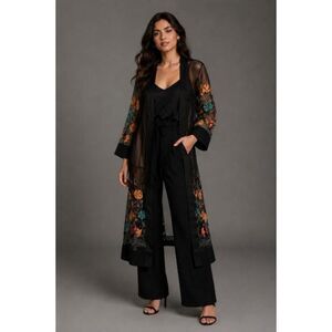 ASHA Kimono Duster Cover Up Black Sheer Floral Embroidered Midi Length One Size